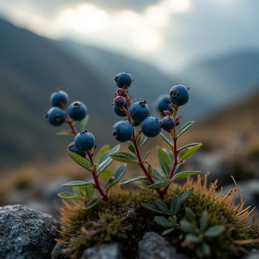 Cinematic ultra-realistic photograph of Vaccinium floribundum plant in high-altitude páramo environment. Crisp detail and vibrant colors. Soft diffused lighting during golden hour. Macro focus on unique features of plant and fruit with shallow depth of field. Natural Ecuadorian landscape with mist, dew drops, and rugged beauty.
