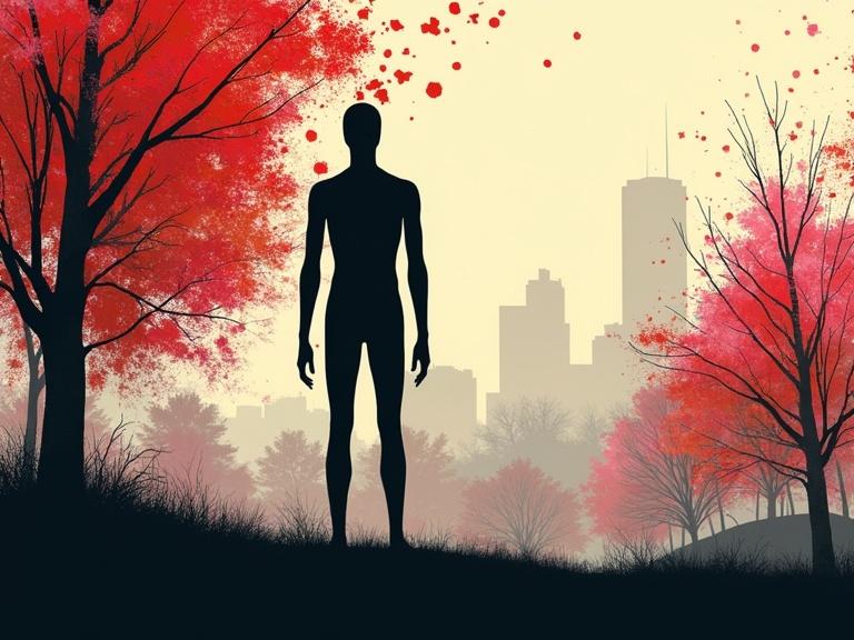 Abstract faceless mannequin silhouette in a city park landscape. Minimalist abstract illustration features a bold monochrome background with sharp colorful contrasts. Clean negative space creates a surreal and emotive composition. High-concept visual storytelling and fashion editorial vibes.