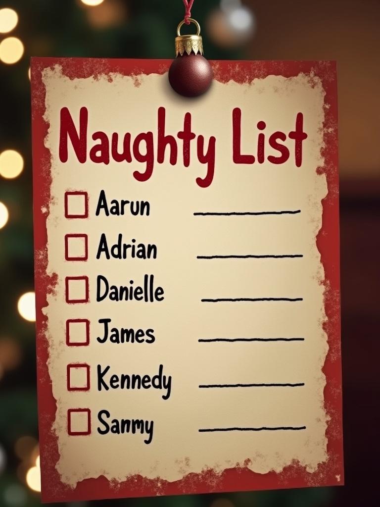 A picture of the official Naughty list. The list has several names written on it, including Aarun, Adrian, Danielle, and others.