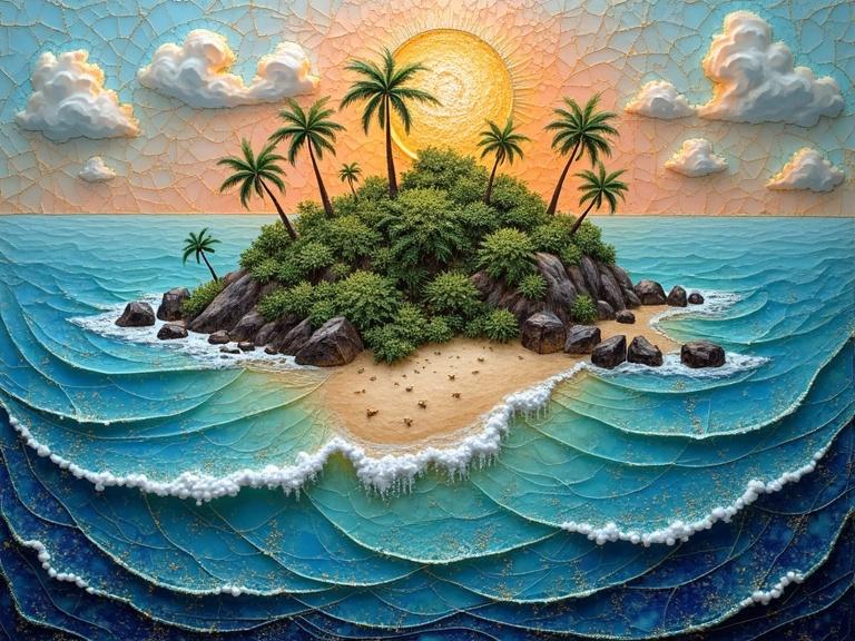 3D tropical island scene with vibrant sea. Intricate gold details and pearls. Dreamy, mystical atmosphere with sparkling light.