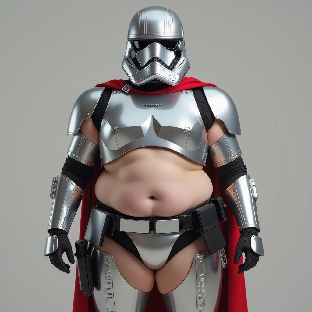 Fat Captain Phasma from Star Wars in skimpy armor posing stoically. Armor appears as metal pads strapped to her body.