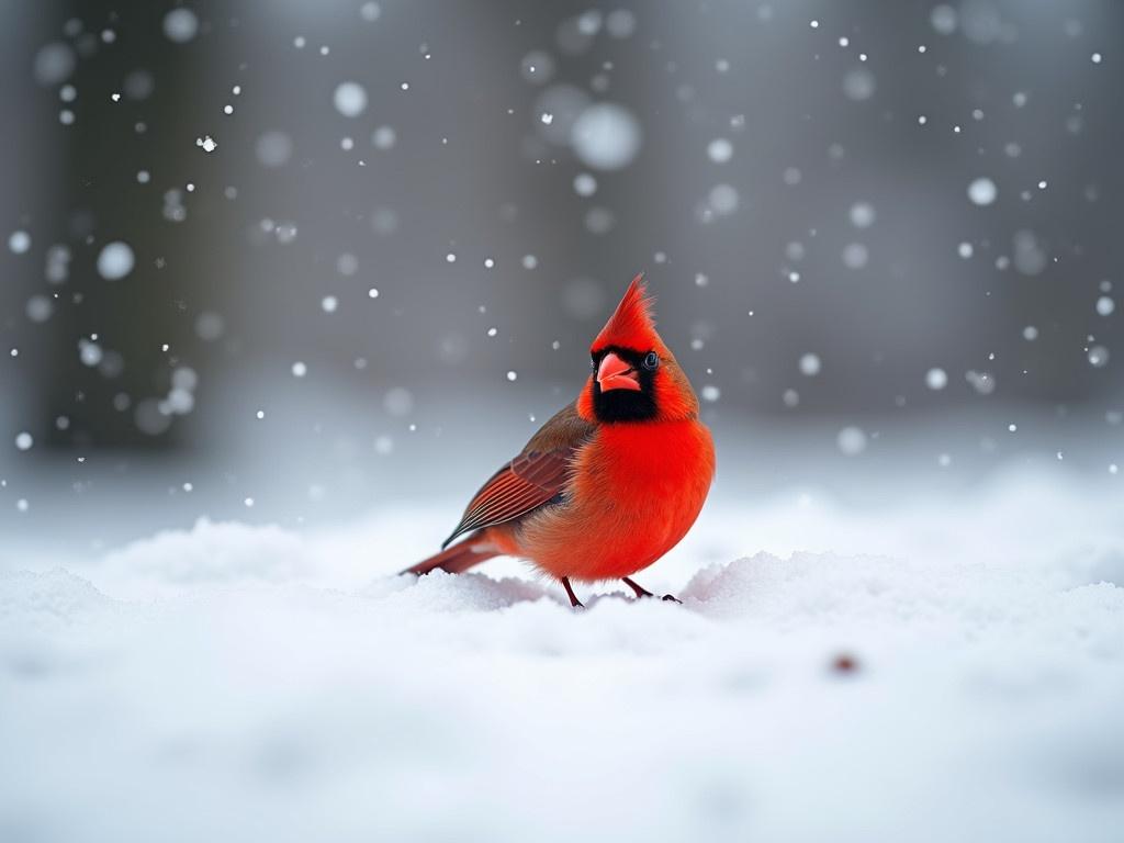 A beautiful image captures a vibrant red cardinal nestled on a soft blanket of snow. This solitary bird contrasts starkly against the white, showcasing its bright colors. Flakes of snow are delicately falling around it, creating a serene winter scene. The background is softly blurred, enhancing the focus on the cardinal and the snow. The atmosphere is peaceful, inviting viewers to appreciate the tranquility of the snowy landscape.