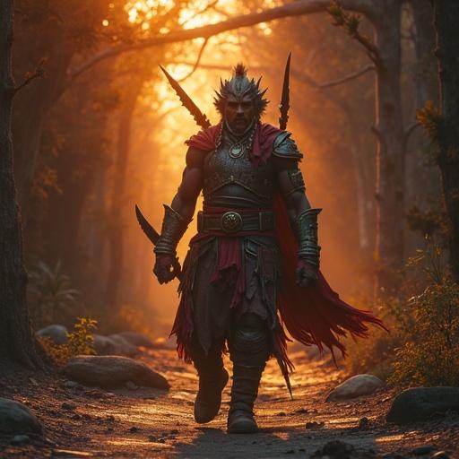 A fantasy warrior walks through a mystical forest. The character is dressed in detailed armor and a cape. Warm light filters through the trees, creating a dramatic effect. The atmosphere is magical and adventurous.
