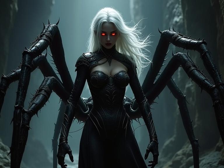 Dynamic and dramatic depiction of a female drider. Dark elf upper torso merges into a headless colossal black widow spider body. Character has white flowing hair and glowing red eyes. Equipped with dark elf style plate armor. The environment features a web-filled abyss with strong shadows. The pose is powerful and menacing, suggesting an attacking stance.