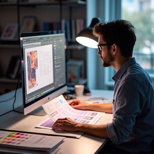 Professional designer at modern workstation examining vibrant print proof under daylight lamp. High-resolution layout on screen shows perfect color alignment. Desk is organized with swatch books, rulers, and Pantone guides. Clean environment with well-lit atmosphere. Background has soft-focus design samples and color charts. Text includes 'Flawless from First Draft to Final Print' and tagline 'Where Creativity Meets Precision.'
