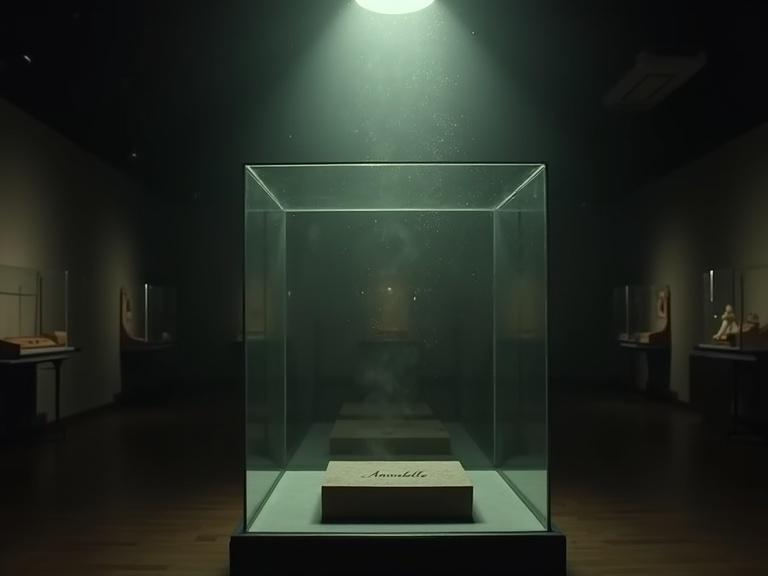 Dimly lit museum room with an empty glass case. Plaque reads 'Annabelle'. Dust particles illuminated by overhead light.