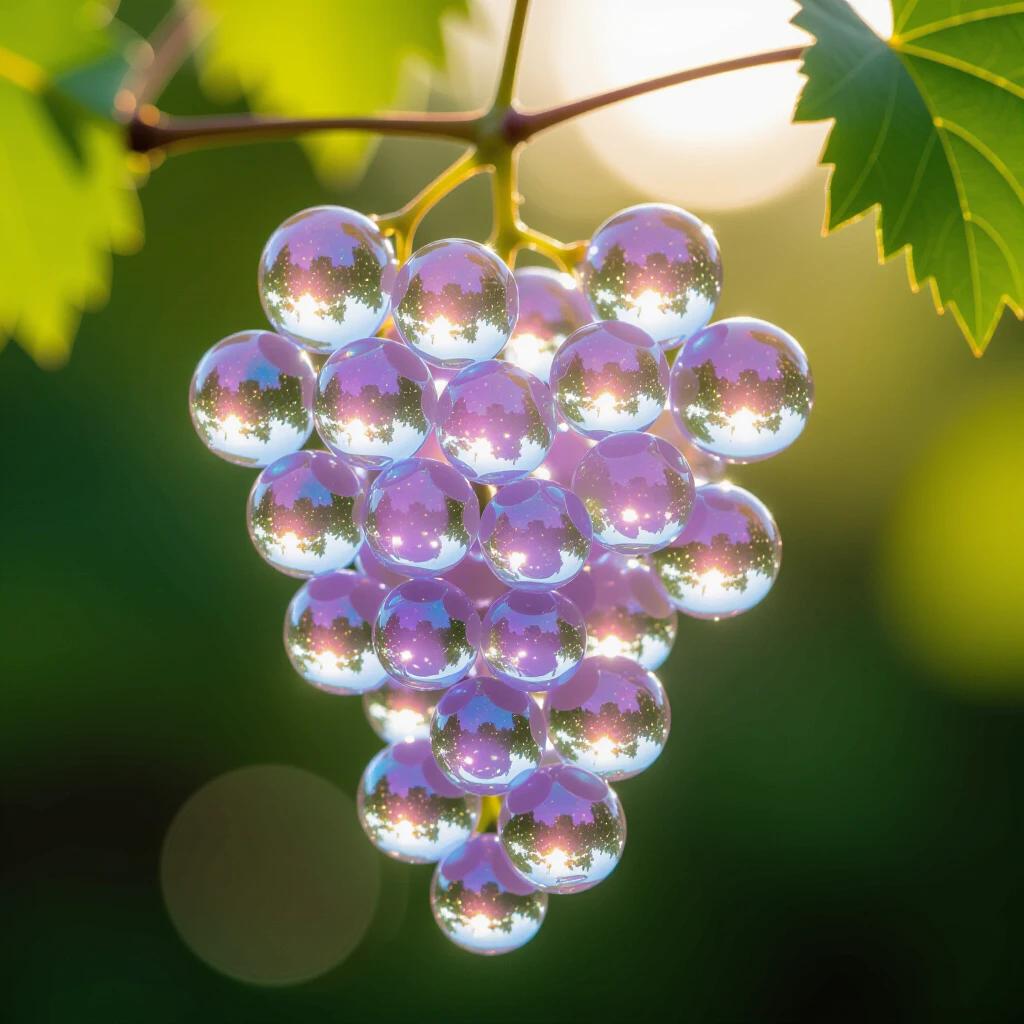 A cluster of grapes made of iridescent soap bubbles caught in light. The bubbles are suspended on an almost invisible wire vine, contrasting with traditional grapes. The scene is delicate and ethereal with beautiful colors.