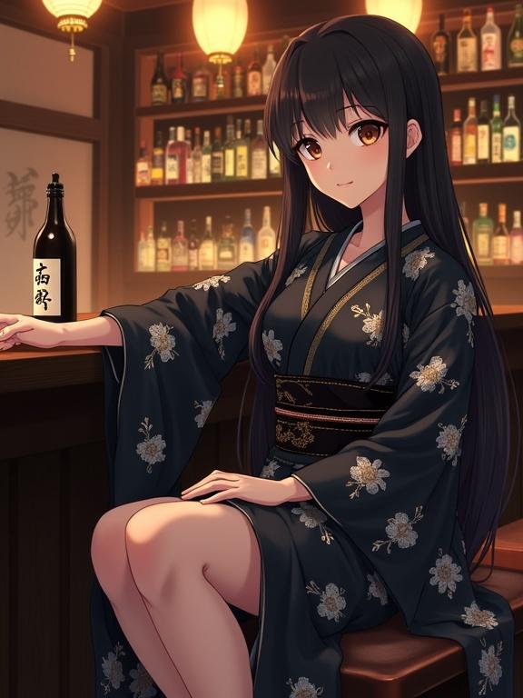 Anime woman with black hair and brown eyes. Delicate features, wearing a black kimono with floral patterns. One shoulder exposed, sitting at a bar counter with a bottle. Elegant pose, legs crossed, direct eye contact. Izakaya interior with wooden shelves and lanterns. Dim light, intimate atmosphere.