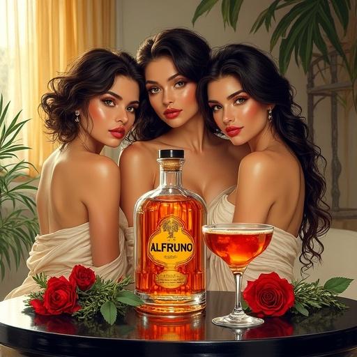 Vibrant watercolor painting featuring three women in a spa area. Luxurious translucent silk wraps accentuate curves. Golden reddish lips offer a toast. Centered is the 'ALFRUNO' spirit bottle filled with golden herbal liqueur. Accompanied by roses and cocktail glasses. Name displayed in modern calligraphy. Artwork inspired by WLOP and anime art. Moody film style reminiscent of old film photos.