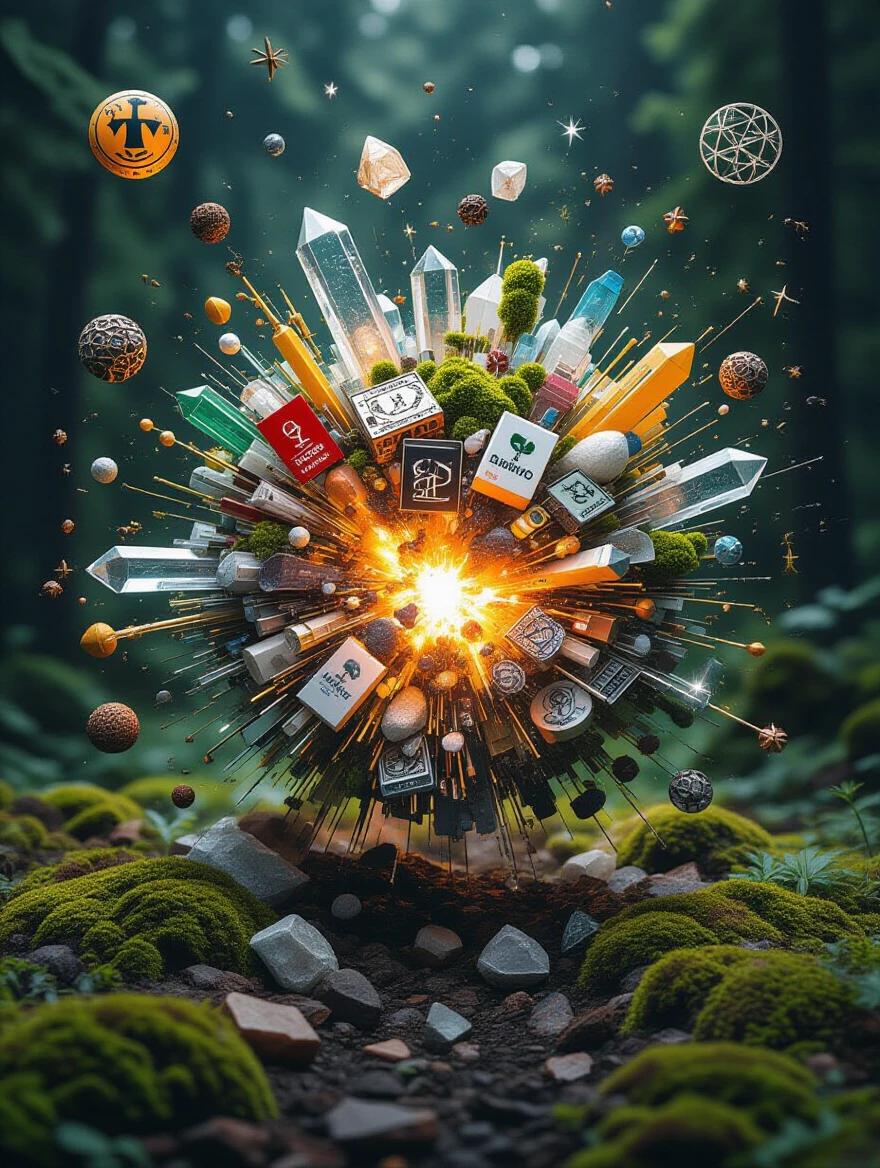 Surreal explosion featuring digital garbage. Internet memes mixed with corporate logos. Ancient symbols incorporated with natural elements like moss and crystals. High contrast appearance. Unsettling and mind-bending effect with ultra detail.