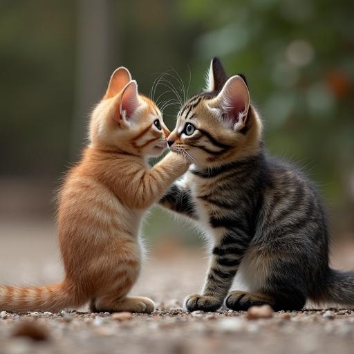 Two kittens gently touching faces. One is orange and the other is gray. Background includes soft-focus greenery.