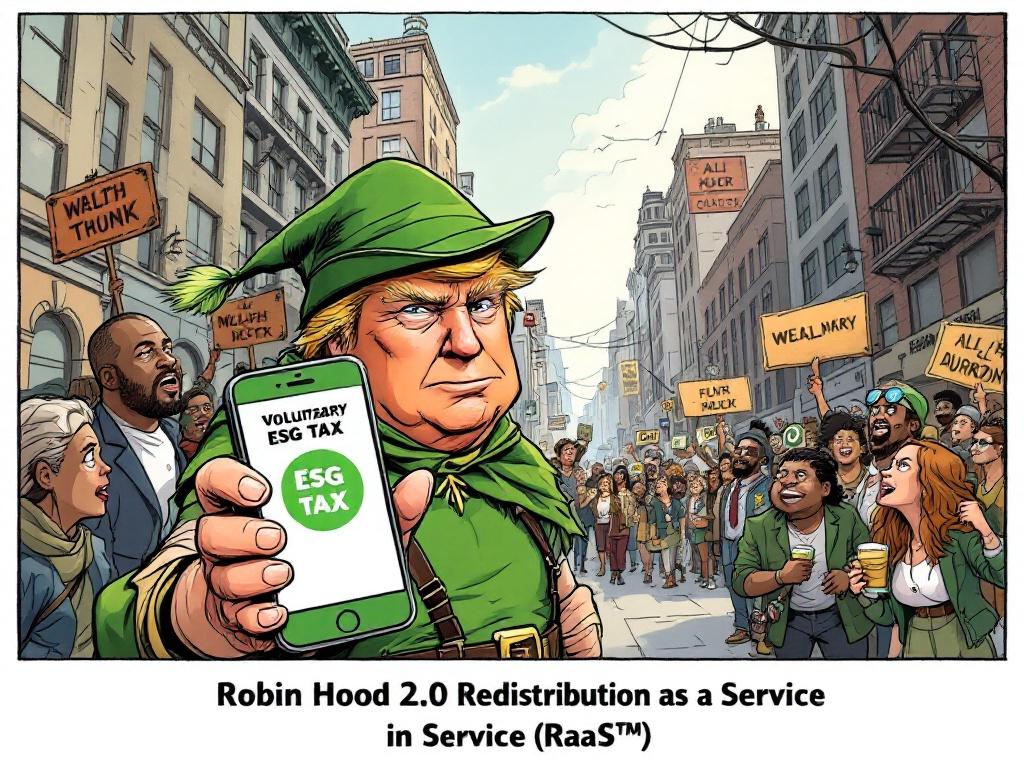 Satirical cartoon titled Robin Hood 2.0 Redistribution as a Service RaaS humorously reimagines Donald Trump as Robin Hood in an urban setting. Robin Hood holds a smartphone showing Voluntary ESG TAX with concerned citizens and celebratory figures in a retro comic style.