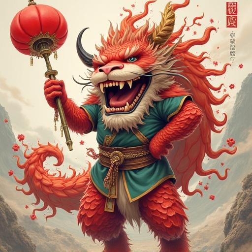 A powerful lion-like creature holds a lantern. The creature has bright red fur, golden horns, and sharp teeth. It wears a green outfit with intricate designs. The background features mountains and cherry blossoms. The lighting highlights the creature's details.