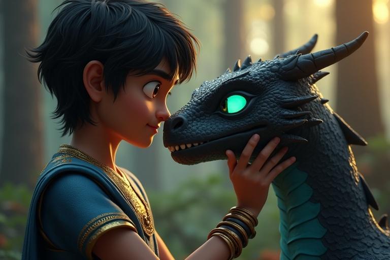 Close-up bonding moment between a boy and a dragon in a dense pine forest with bioluminescent glow. Stylized ultra 3D animation with soft depth of field. Warm light rays create a dreamy effect. Hyper-realistic textures on character and dragon.