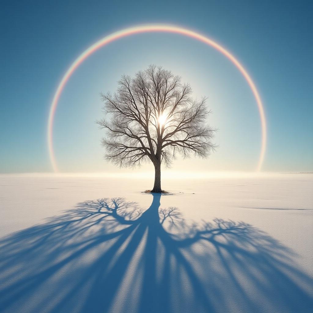 Solitary tree stands in a snowy field under a vibrant sun halo. Long shadows stretch across the snow. Winter landscape is calm and serene.