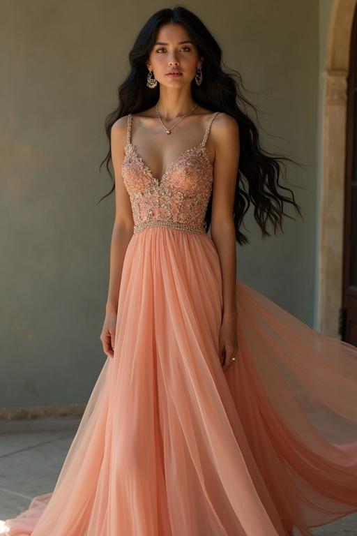 Elegant dress suitable for a sunset wedding. Dress is chic with flowing chiffon and embellishments. Model has long black hair and light green eyes. Subtle jewelry accentuates the look. Natural makeup with semi-updo hairstyle. Full-length shot showing the dress.