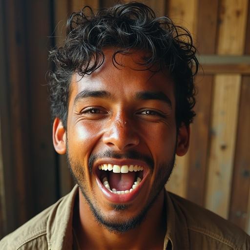 A portrait of a young man smiling broadly, showcasing happiness and joy. He has curly hair and is in a warm setting. Natural light enhances his joyful expression.