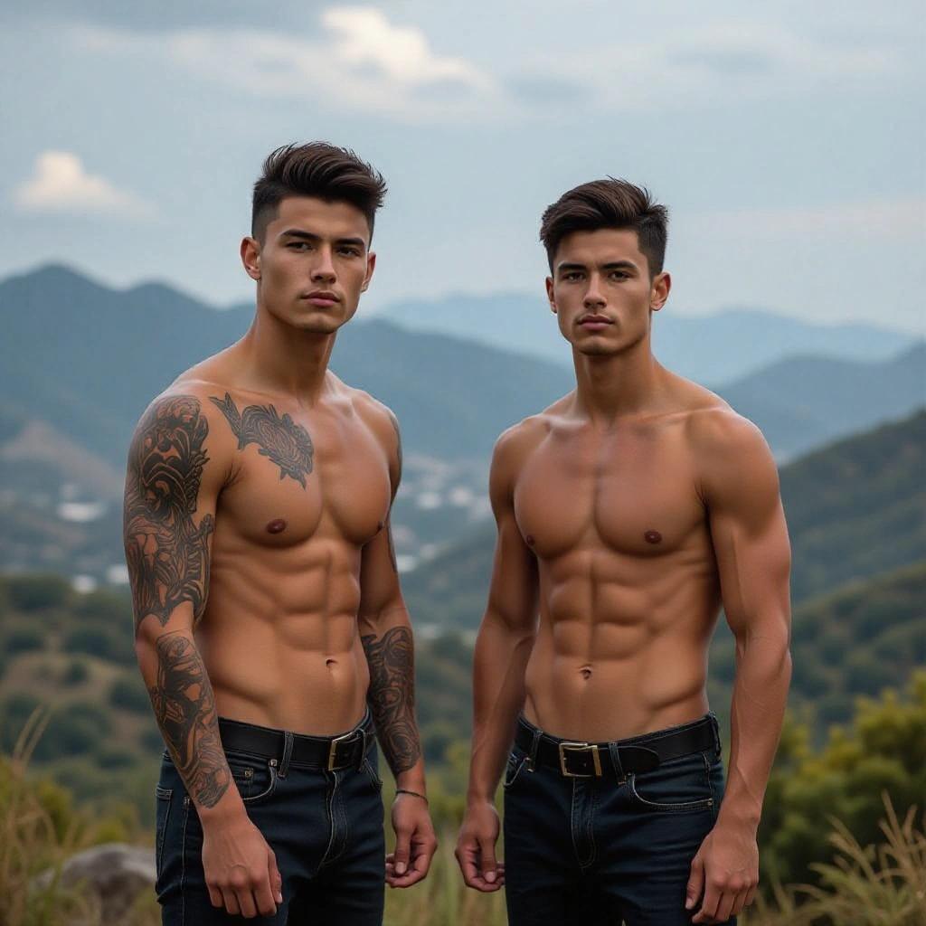 Two athletic young men posing in an outdoor setting. One has short dark hair, tattoos, and an athletic physique. The other is lean with brown eyes, dressed simply. Background features a blend of urban and natural elements.