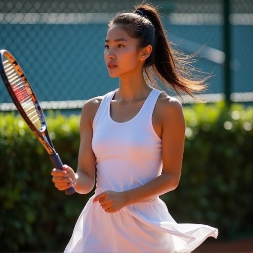 Asian female athlete with high ponytail holds tennis racket ready to hit. Wearing white sleeveless dress. Sunlight filters through court wire mesh casting diamond-shaped light spots on red clay. Behind dark green bushes, blue sunshade is faintly visible. Sweat slides down skin. Hair and skirt folds freeze in dynamic motion. High saturation colors, sharp shadows highlight vitality and tension of sports.