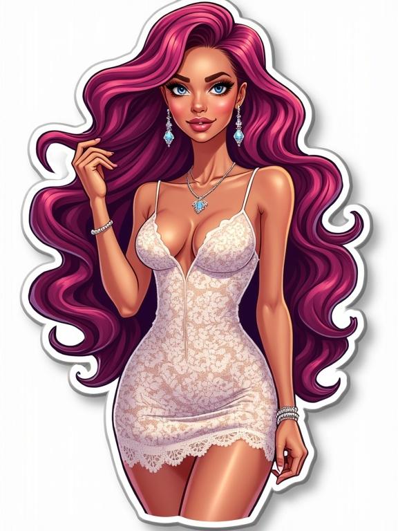 Illustration of a beautiful woman with long curly hair styled in vibrant color. Depicted as a color sticker. She wears a figure-enhancing lace short dress. Jewelry adds elegance to her look. Colorful and engaging design ideal for marketing. Her confident pose attracts viewers.