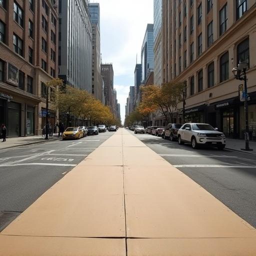 A downtown street features large cardboard laid out on the concrete. Tall buildings flank the street. Autumn trees mark the sides of the road. Cars are parked along the street. Bright daylight illuminates the scene.