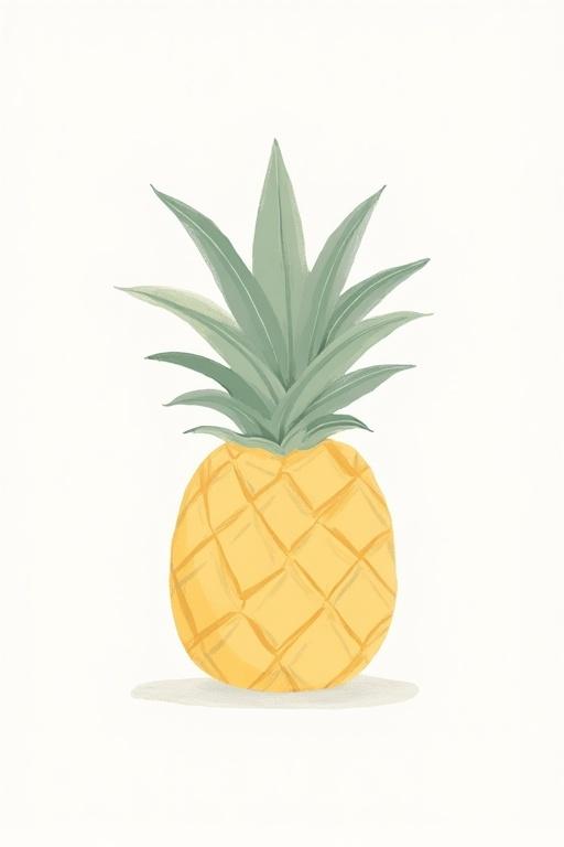 Soft pastel illustration of a pineapple. Very gentle muted tones are used. Simple and harmonious composition with subtle shading. Plain white background enhances the soft feel. Minimalist and child-friendly style.