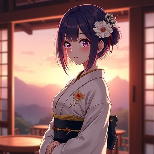 Anime character standing in a traditional Japanese style cafe. Dark violet bob hairstyle with side-swept bangs. Hair styled in an updo with a white flower ornament and golden decorations. Wearing a beautiful white kimono with gold floral patterns and a black obi belt. Calm expression. Soft evening light and warm wooden interior with shoji screens. Dusk setting with hazy sunset sky in the background. Full figure visible.