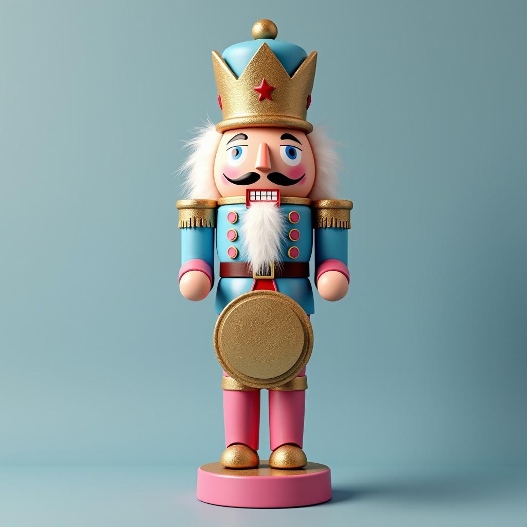 Colorful nutcracker figurine with drum. Bright blue and pink attire. Golden crown and accents. Large smile and mustache. Displayed against a soft background. Cheerful and festive appearance.