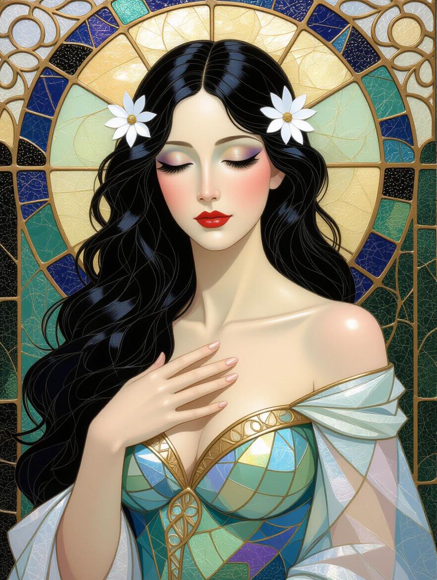 Intricate artwork showcasing Lady Godiva in a close-up. An ethereal depiction using iridescent mosaic tiles and glass. The artwork draws from Klimt's style and embodies mixed media techniques. Decorative elements create a sense of intimacy and beauty.