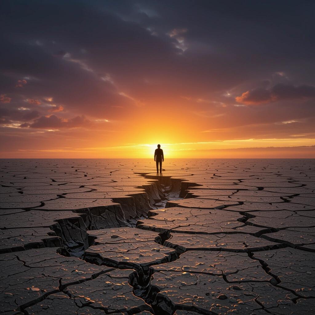 Surreal scene with a dark sunset. A man stands at the center of a cracked landscape. Sky filled with clouds changes from dark orange to gray.