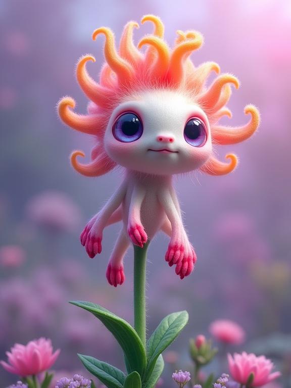 Whimsical fantasy creature resembles flower with a face. Tall slender stalk with bulbous head. Oversized eyes with lavender irises. Curling appendages like petals. Petal-shaped structures on the stalk. Gradient of pale pinks and whites with fuzzy texture. Vivid orange, pink, yellow tentacles. Deep pink translucent hands. Dreamy blur background of purples and pinks. Smooth green leaves at the base.