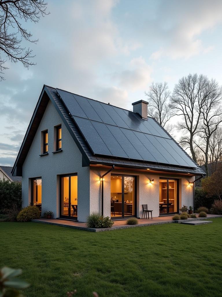 A modern house in Ireland features solar panels on its roof. The scene depicts the house surrounded by a well-kept garden. The setting is during the evening of New Years. Soft lighting from within the house enhances the visual appeal. The atmosphere reflects a commitment to sustainability and eco-friendliness.