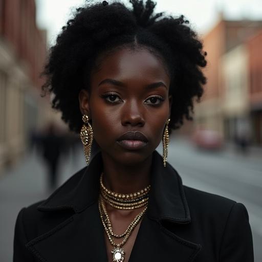 Portrait of a West African woman with lush cheeks and dramatic eyes. Model wears zirconian jewelry and is beautifully dressed. Cityscape in the background is slightly underexposed. The atmosphere is dreamy and minimalist. The focus emphasizes the intricate jewelry details.