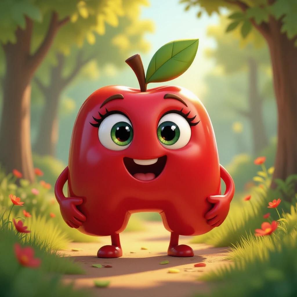 Character shaped like an apple. Shiny red color. Big eyes and a smile. Standing in a forest. Colorful trees and flowers around. 9:16 aspect ratio. Ideal for children.
