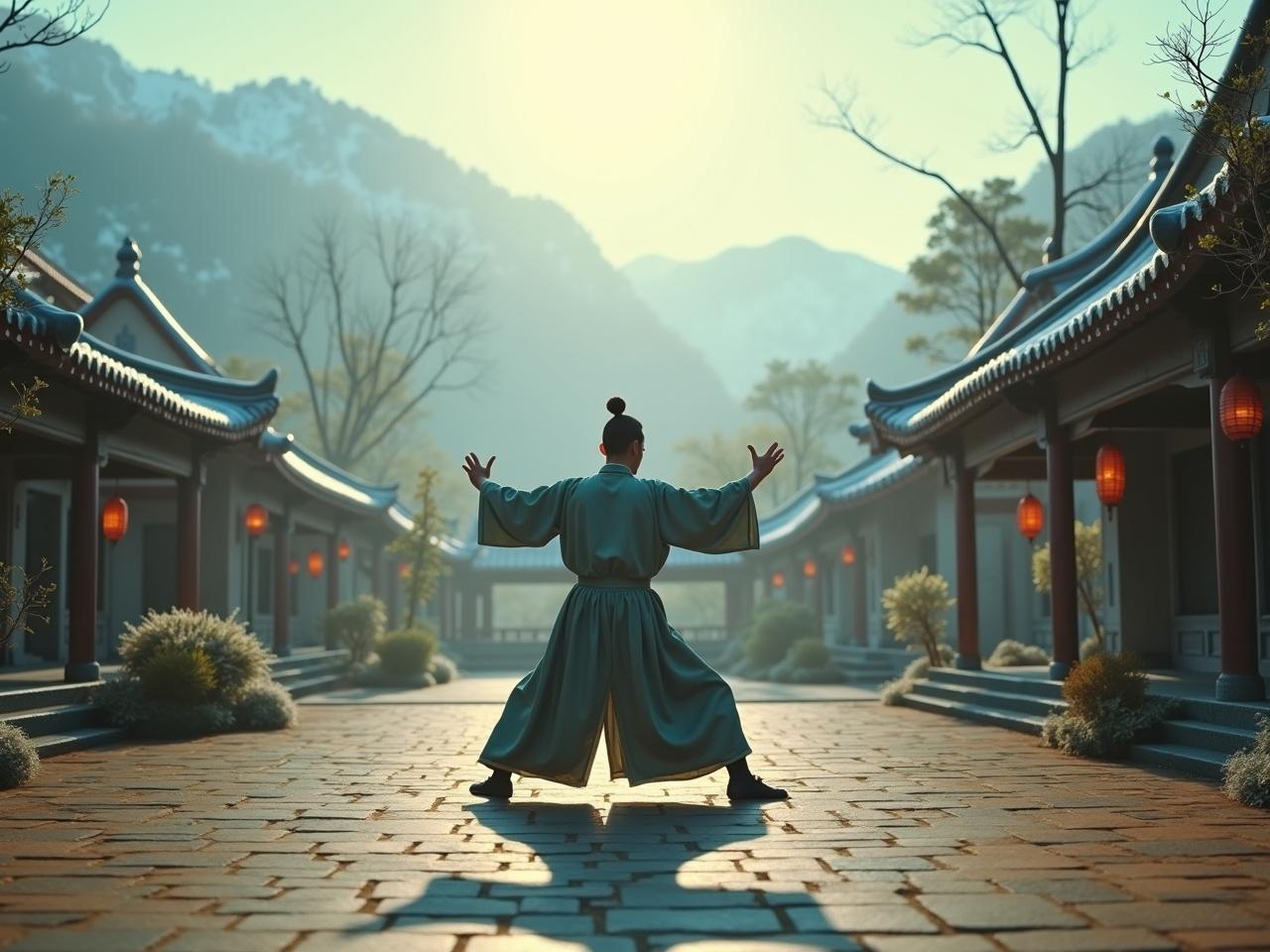 Aerial cinematic image of a tranquil Chinese garden where Saint Nicholas performs a graceful Tai Chi Chuan sequence. The serene atmosphere embodies the beauty of the practice as he faces directly toward the camera. It's early morning, and the distant mountains are covered in snow, adding to the peaceful scene. The image highlights the global reach of Tai Chi, showcasing its harmonious movements. The setting is depicted in hyper-realistic detail, as if shot on an Arriflex camera, capturing the essence of this meditative art form.