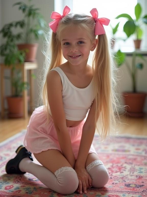 Child with long blonde twin tails and pink bows kneels on a colorful rug in a softly lit living room. Wearing a white crop top, pale pink skirt, thigh-high socks with lace, and black shoes. Beautiful face, flirty smile, slim waist.