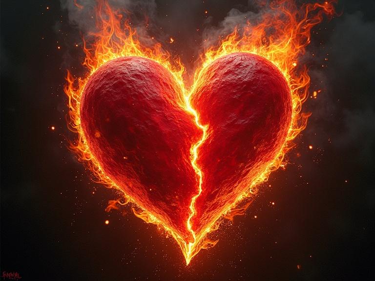 Album cover for heavy metal band. Title is Amor en la Tempestad. Design reflects metal genre. Depicts a fiery heart without human figures.