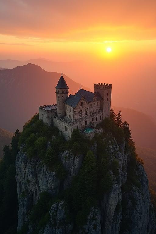 Stunning aerial view of a stone castle set on a mountain during sunrise. The sky bright with orange and yellow colors. Green trees surround the rocky terrain. Castle features a tall tower and is nestled among the hills.