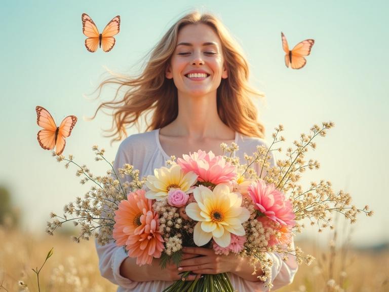 Mom smiling while holding a large bouquet of spring flowers with butterflies flying around. Light breeze swaying her hair and pastel shades fill the scene.