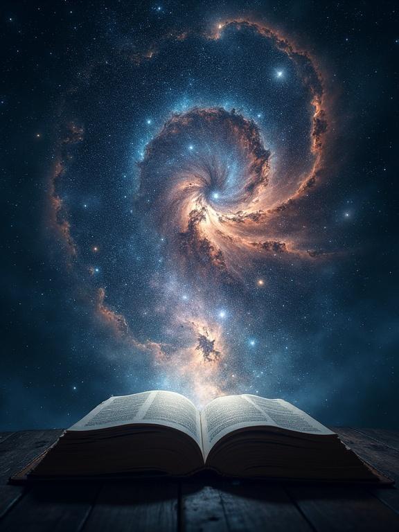 Hyper-realistic symbolic cinematic art. Swirling galaxy filled with stars and nebulae superimposed over silhouette of open book. The image suggests book contains mysteries as vast as universe. Style is cinematic, 35mm film, realistic, awe-inspiring, highly detailed.