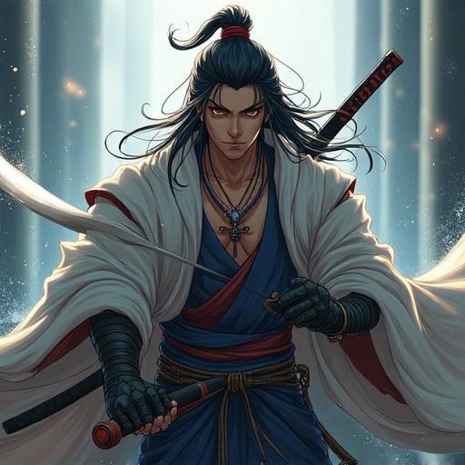 Anime character with an ancient sword. Powerful man inspired by Japanese comic 'KINGDOM'. Character has long hair and wearing traditional attire. Intense expression. Background features illuminated environment with sword elements.