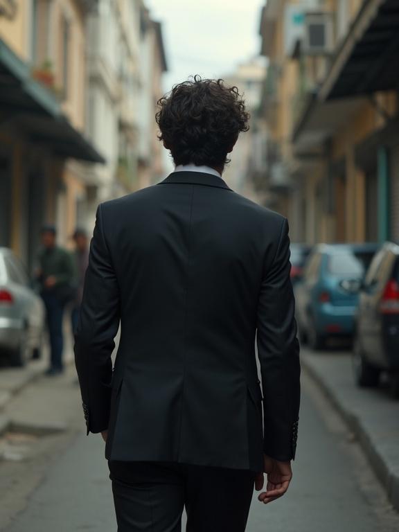 Photorealistic image in a real-world setting. Hostile favela environment in Latin America. Handsome man with thick waved hair dressed in a dark suit. Walking away from the camera.