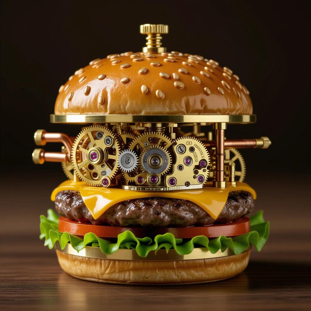 An intricate mechanical hamburger with polished brass gears. The patty features ticking watch movements. Copper pipes resemble melted cheese. Circuit boards act as lettuce and tomato slices.