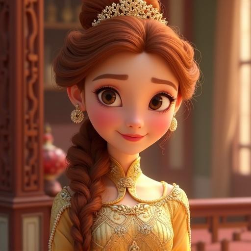 Character has ginger brown hair styled in a braid. Outfit is a luxurious gold dress featuring a 7-neck collar with long sleeves. Accessories include a 3D crown and pearls. Eyes are large and expressive with sharp facial features. Lighting creates depth with a blurred background. Style reflects 3D Disney digital painting with vivid colors and a magical feeling.