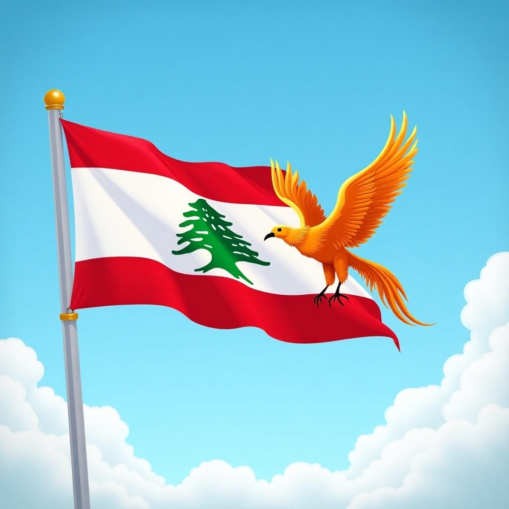 Lebanese flag with a phoenix. Bright blue sky with white clouds. Flag colors red, white, green. Phoenix in orange and gold. Celebratory atmosphere for Lebanese Independence Day.