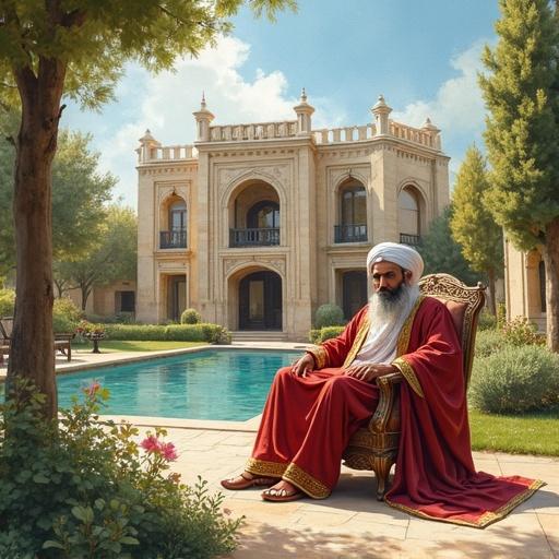 Watercolor artwork depicting an Iranian man living a luxurious life. He sits in a beautiful garden next to his castle. The scene includes opulent surroundings and greenery.