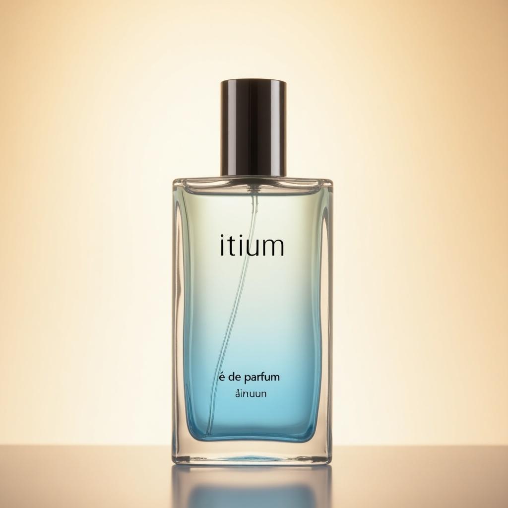 Soft warm background. Clear transparent bottle. Brand name Imous. Product name Itium. Small text e de parfum. Light blue fragrance.