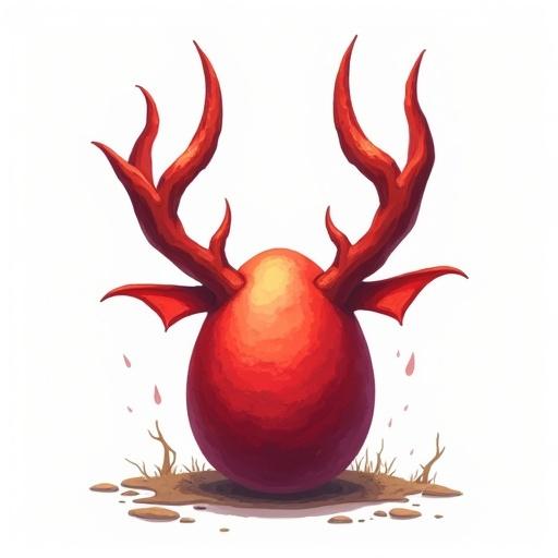 Red dragon egg with long horns and wings. Icon for ARPG style asset. Transparent background. No other elements included.