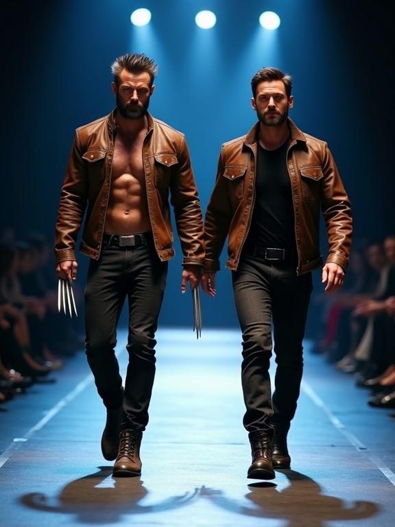 Ultra-realistic cinematic photo of two muscular figures walking side by side. They are on a fashion runway. One wears a brown leather jacket showing his sculpted chest. The other wears a sleek brown leather jacket. Both have dark jeans and black boots. Dramatic blue spotlights illuminate the runway. No audience visible in the background.