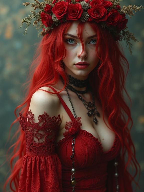 Photorealistic portrait of a woman with long red hair and a flower crown. The woman wears an extravagant red dress adorned with lace and black accessories. She gazes at the viewer with piercing blue eyes, evoking an alluring and mystical atmosphere. The background is softly blurred to emphasize the subject.